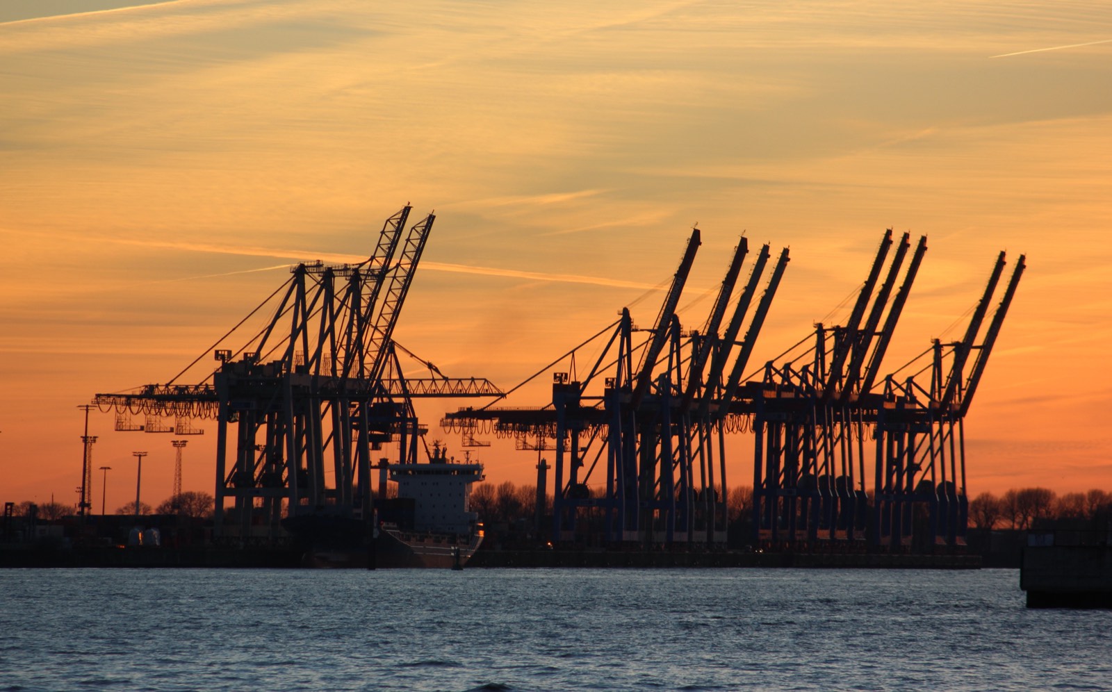 Container terminal gantry cranes at sunset